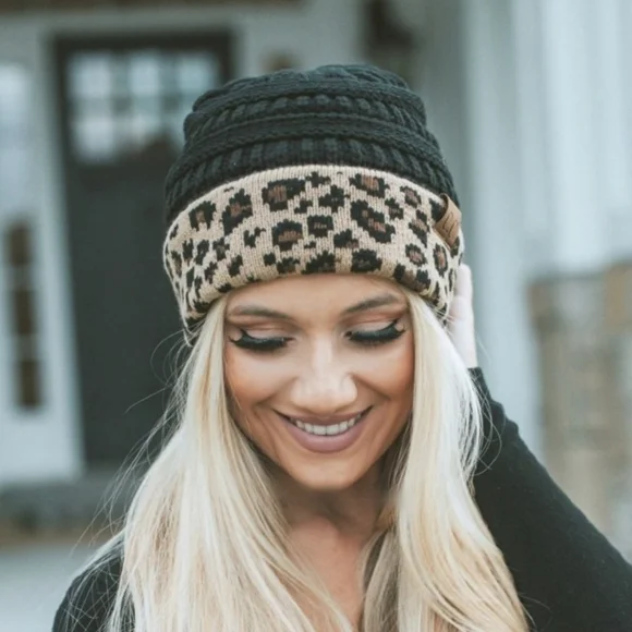 LAST ONE! π₯³HOST PICKπ₯³ NWT C.C. Black and Leopard Print Knit Beanie - Picture 7 of 16